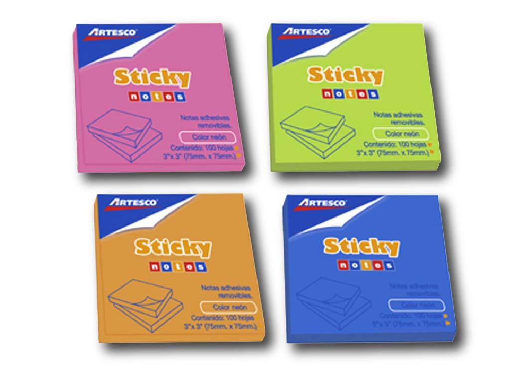 BLOCK DE NOTAS ADHESIVAS NEON 654 3"X3" 100H COL SURT