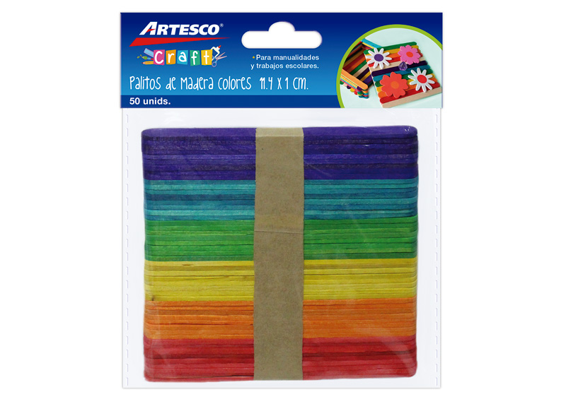 PALITOS DE MADERA COLORES (11.4 x 1CM) X BOLSA 50 UND