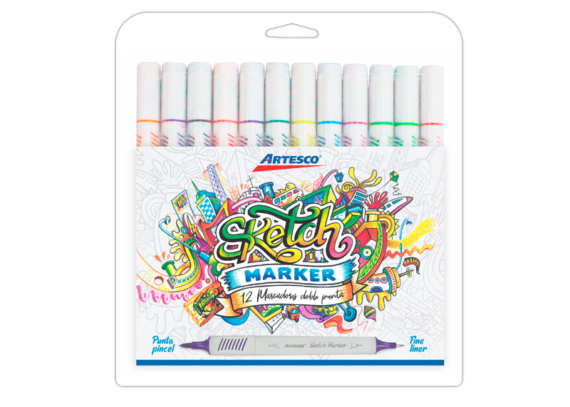 MARCADORES SKETCH PUNTA PINCEL ESTUCHE X 12 LETTERING Y P. FINA DOBLE PUNTA