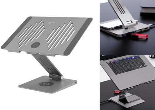 DOCKING STATION 9 EN 1, PLATAFORMA DE CARGA INALÁMBRICA Y SOPORTE PARA LAPTOP DE ALUMINIO Y SILICON