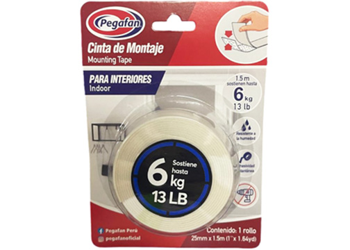 TAPE DE MONTAJE BLANCO PARA INTERIORES 25mm x 1.5m P/13 LIBRAS DE SOPORTE