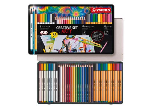 SET DE 36 PCS ARTI BOX ESTUCHE DE METAL 8 PEN 88  16 LC AQUACOLOR Y 12 POINT 88