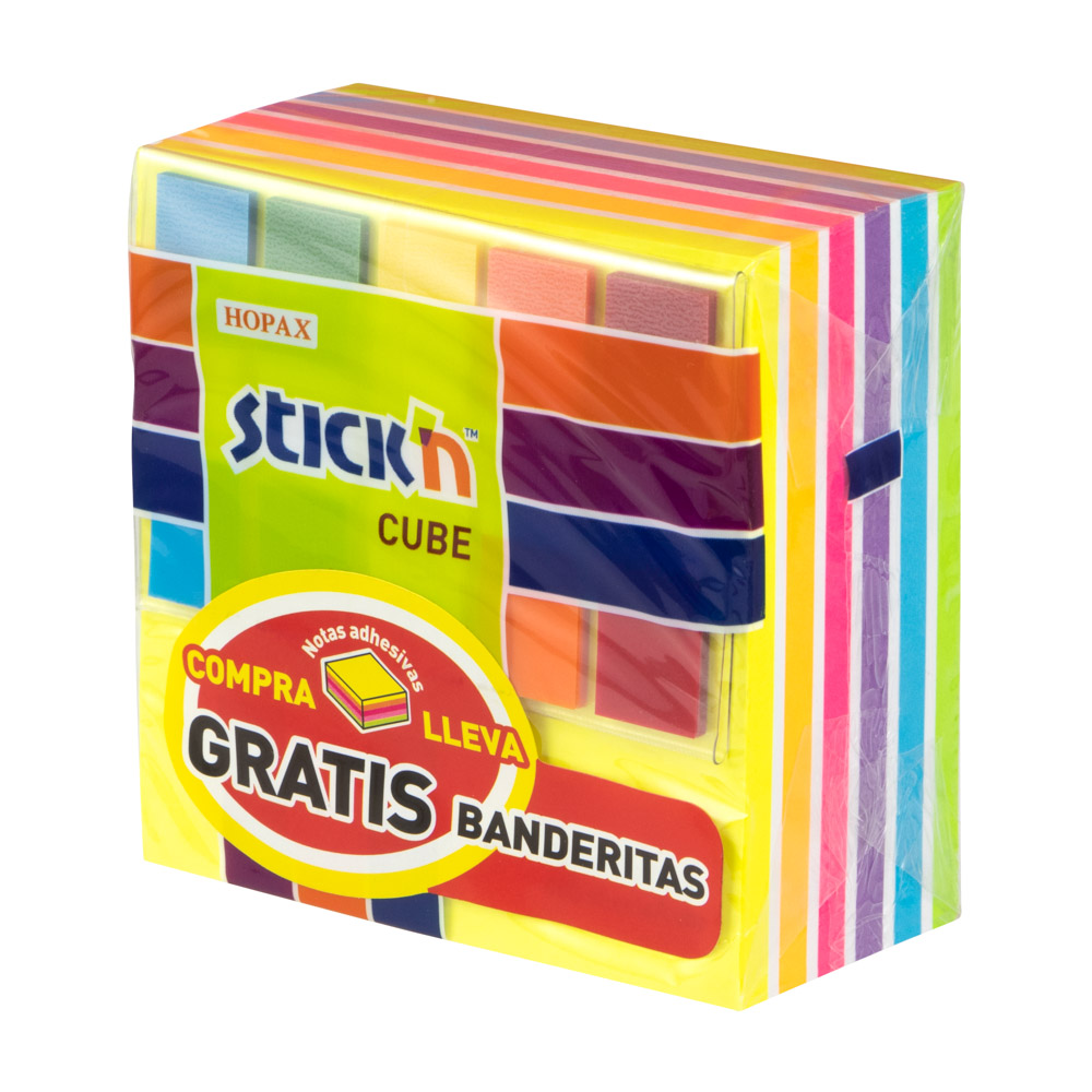BLOCK ADHES 3X3" CUBO MIXTO NEON/PASTEL 400H 6 COL+ 1 PQT BANDERITAS GRATIS