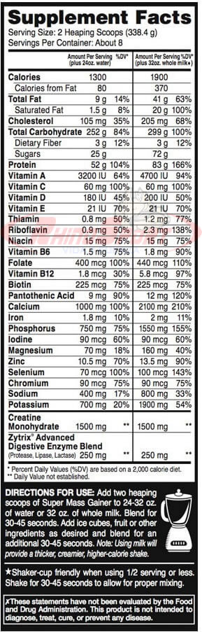 Super mass gainer dymatize tabla nutricional