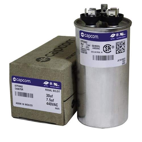 Mars Blue Box 12282 Dual Run Capacitor, 30/7.5 MFD, 440/370 VAC, Round, 2 Number Of Sections, 4-3/8" Overall Height, 2" Diameter, Aluminum Housing Material
