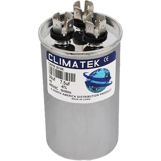 Mars Blue Box 12282 Dual Run Capacitor, 30/7.5 MFD, 440/370 VAC, Round, 2 Number Of Sections, 4-3/8" Overall Height, 2" Diameter, Aluminum Housing Material
