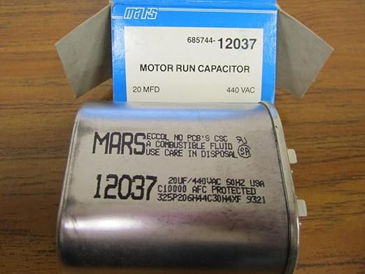 Mars Blue Box 12037 Oval Run Capacitor, 20 MFD, 440/370 VAC, Oval, 1 Number Of Sections, 3.125" Overall Height, 2.806" Overall Width, 1.806" Overall Depth