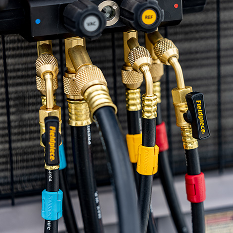 Fieldpiece Instruments HR3B Ball Valve Refrigerant Hose Set, 1/4" Female SAE Flare, Ball Valve, All Common Refrigerants (CFC, HCFC, HFC, HFO), 60" Length, 3 Hoses, 800 PSI (Working), 4,000 PSI (Burst), -20-200 Â°F, 2" Bend Radius