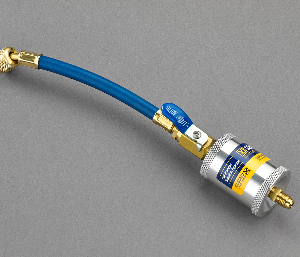 Yellow Jacket 69562 Oil Injector, 1/4" Male Flare/Schrader Valve (Hose End), 1/4" Female Flare/Valve Core Depressor/Ball Valve, R-410A, 1 Hoses, 600 PSI (Working Pressure), Aluminum (Body/Cap), Domestic