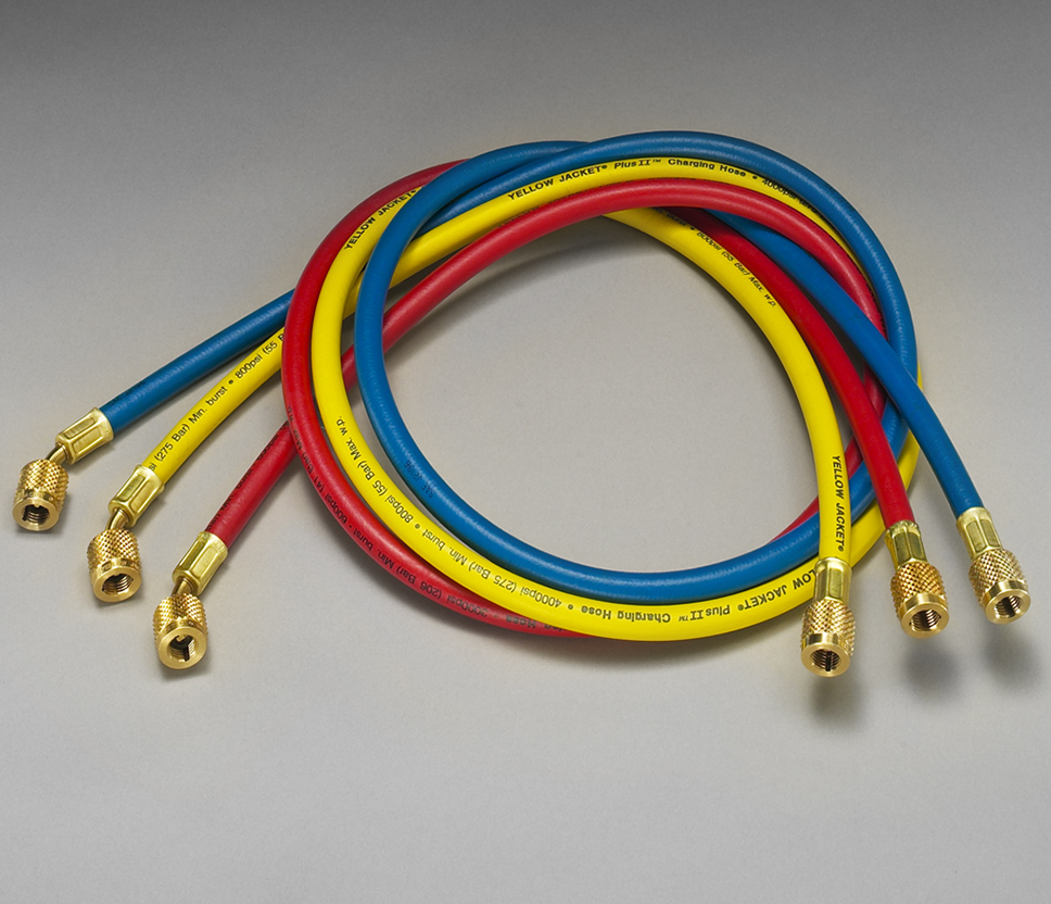 Yellow Jacket PLUS II 21985 Charging Hose Set, 1/4" Female Flare, R-410A (Recommended), CFC, HCFC, HFC, 60" Length, 3 Hoses, 800 PSI (Working), 4,000 PSI (Burst), -20-180 Â°F, 6" Bend Radius
