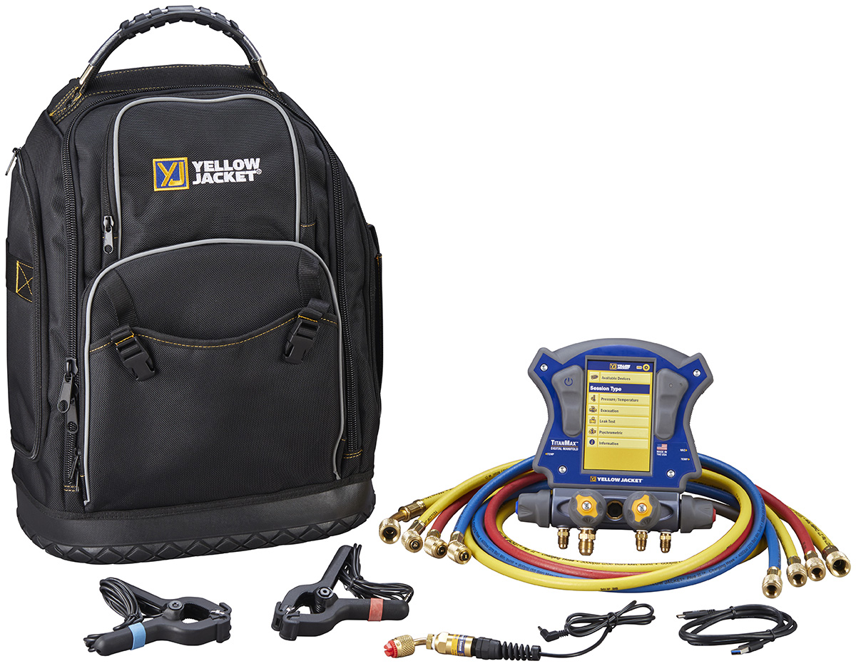 Yellow Jacket TITANMAX 40880 Digital Manifold Kit, 10 Pcs (Manifold, 4 Hoses, 2 Temperature Clamps, Vacuum Sensor, USB-C Cord, Backpack), 740 PSI (Maximum Working Pressure), 1/4" Flare (RYB Hoses), 3/8" Straight x 3/8" 45Â° (Vacuum Hose) End Connection