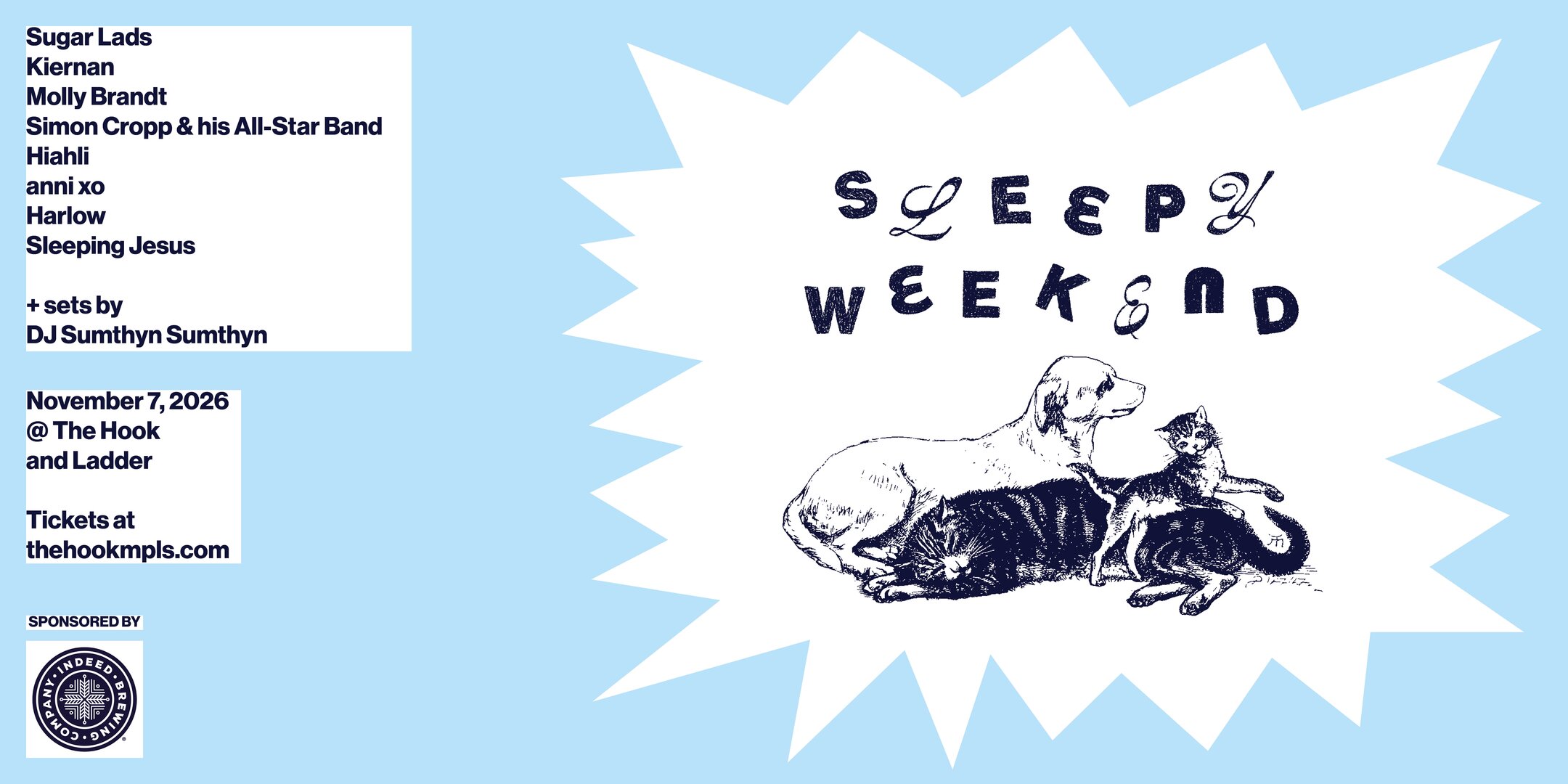 Sleeping Jesus, Harlow, anni xo, Hiahli, Simon Cropp & his All-Star Band, Molly Brandt, Kiernan, Sugar Lads, DJ Sumthyn Sumthyn flyer
