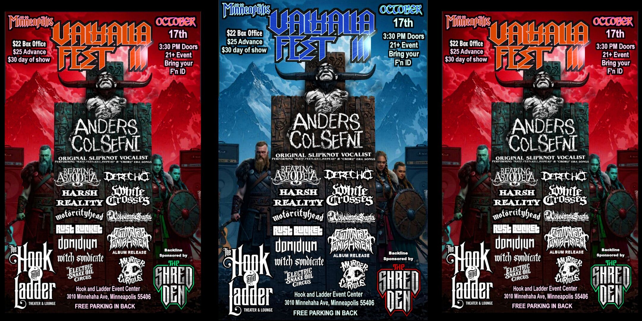 Anders Colsefni, Reaping Asmodeia, Derecho, Harsh Reality, VolsungaSaga, MotorcityHead, Glutton for Punishment, Rust Bucket, Oversoul, Domidium, Murder Curious, Witch Syndicate, Electric Snake Oil Circus flyer