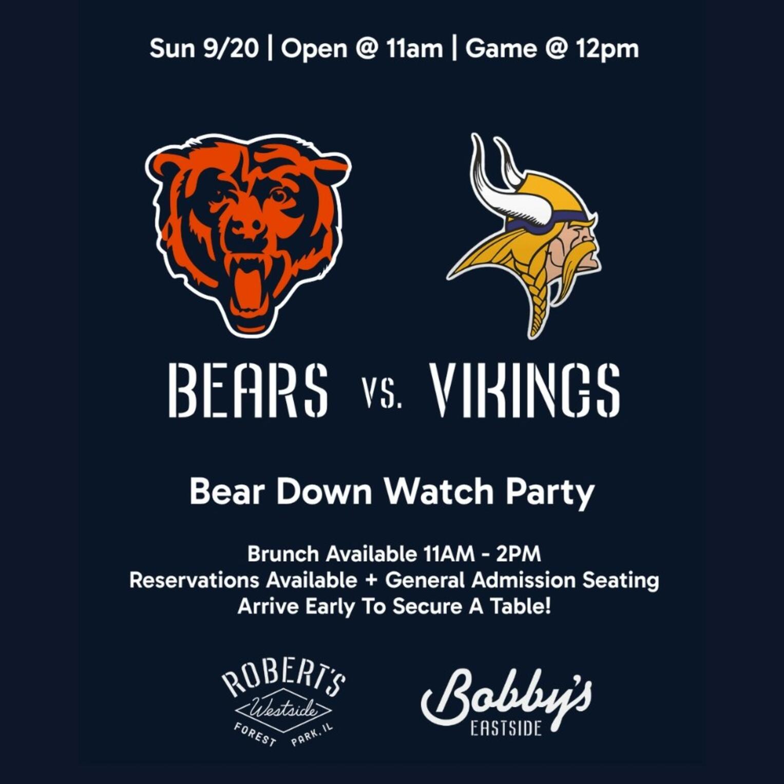 Chicago Bears vs. Vikings | Bear Down Watch Party @ Bobby’s Eastside