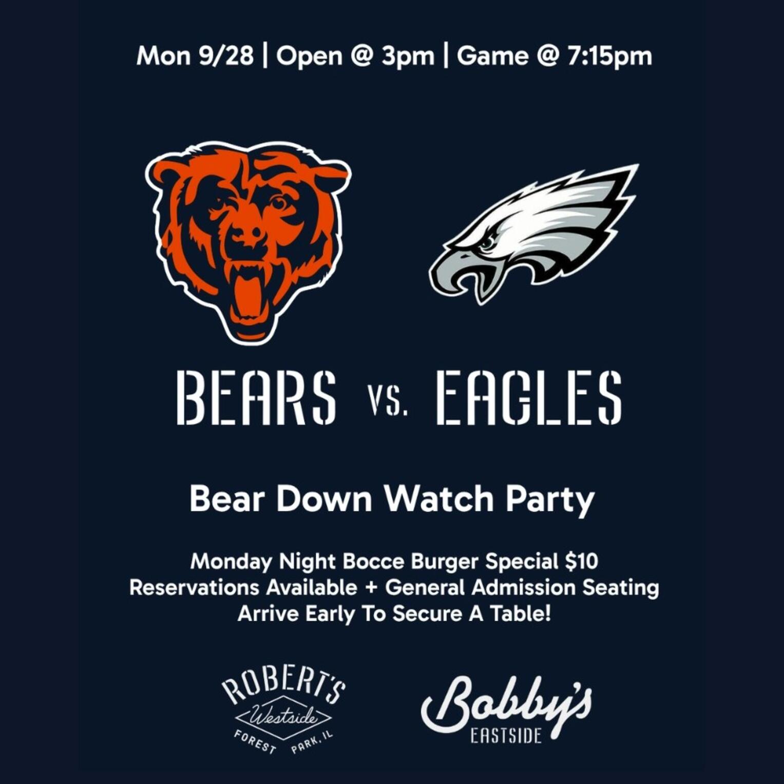 Chicago Bears vs. Eagles | Bear Down Watch Party @ Bobby’s Eastside