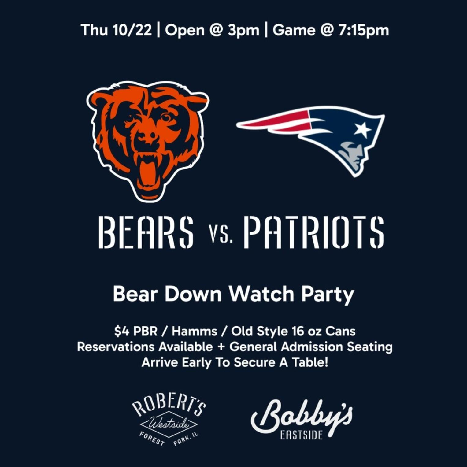 Chicago Bears vs. Patriots | Bear Down Watch Party @ Bobby’s Eastside