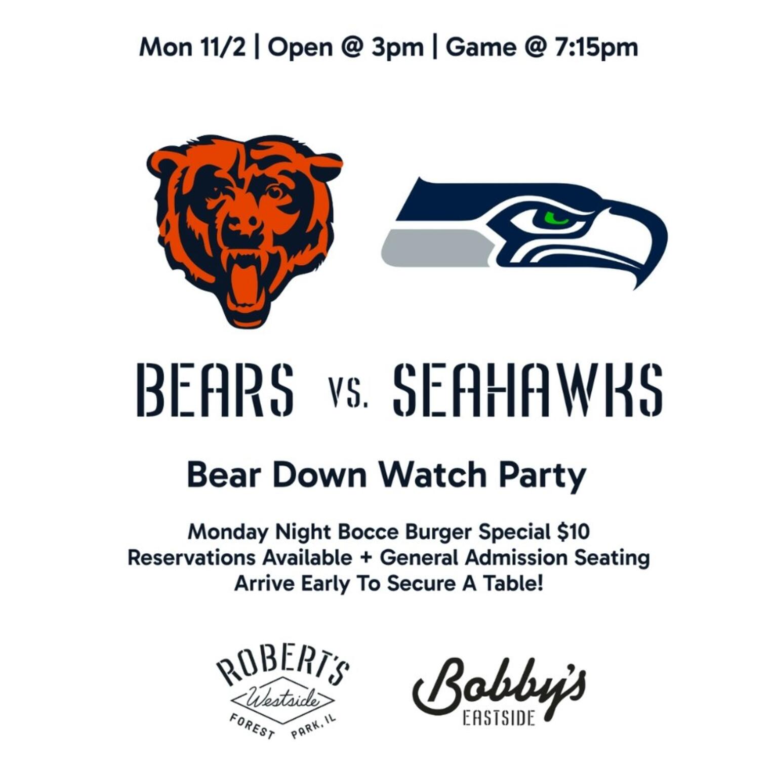 Chicago Bears vs. Seahawks | Bear Down Watch Party @ Bobby’s Eastside