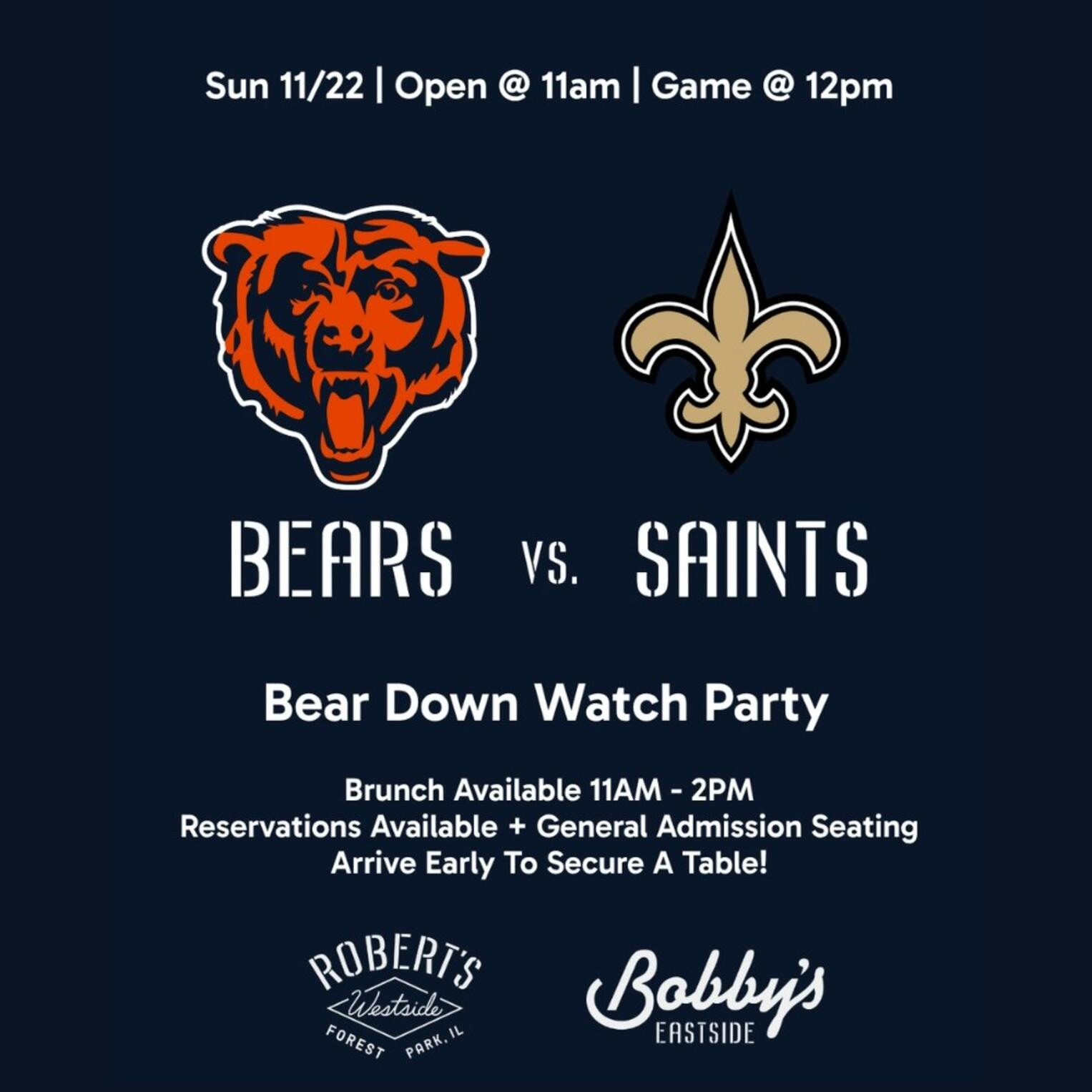 Chicago Bears vs. Saints | Bear Down Watch Party @ Bobby’s Eastside