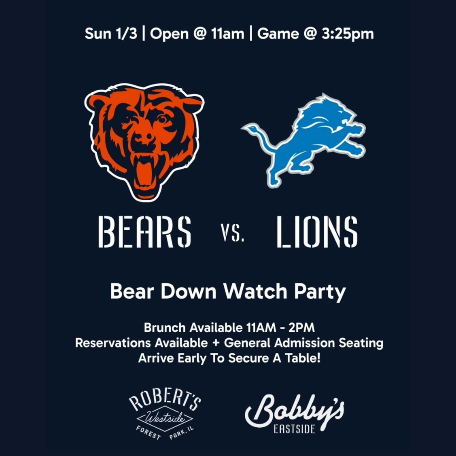 Chicago Bears vs. Lions | Bear Down Watch Party @ Bobby’s Eastside