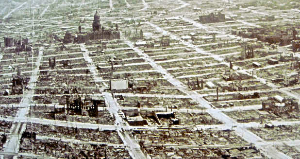 1906 earthquake and fire aftermath, City Hall in background.