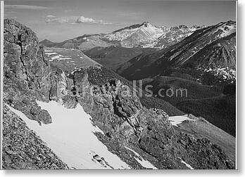 View of barren mountains with snow, "Long's...