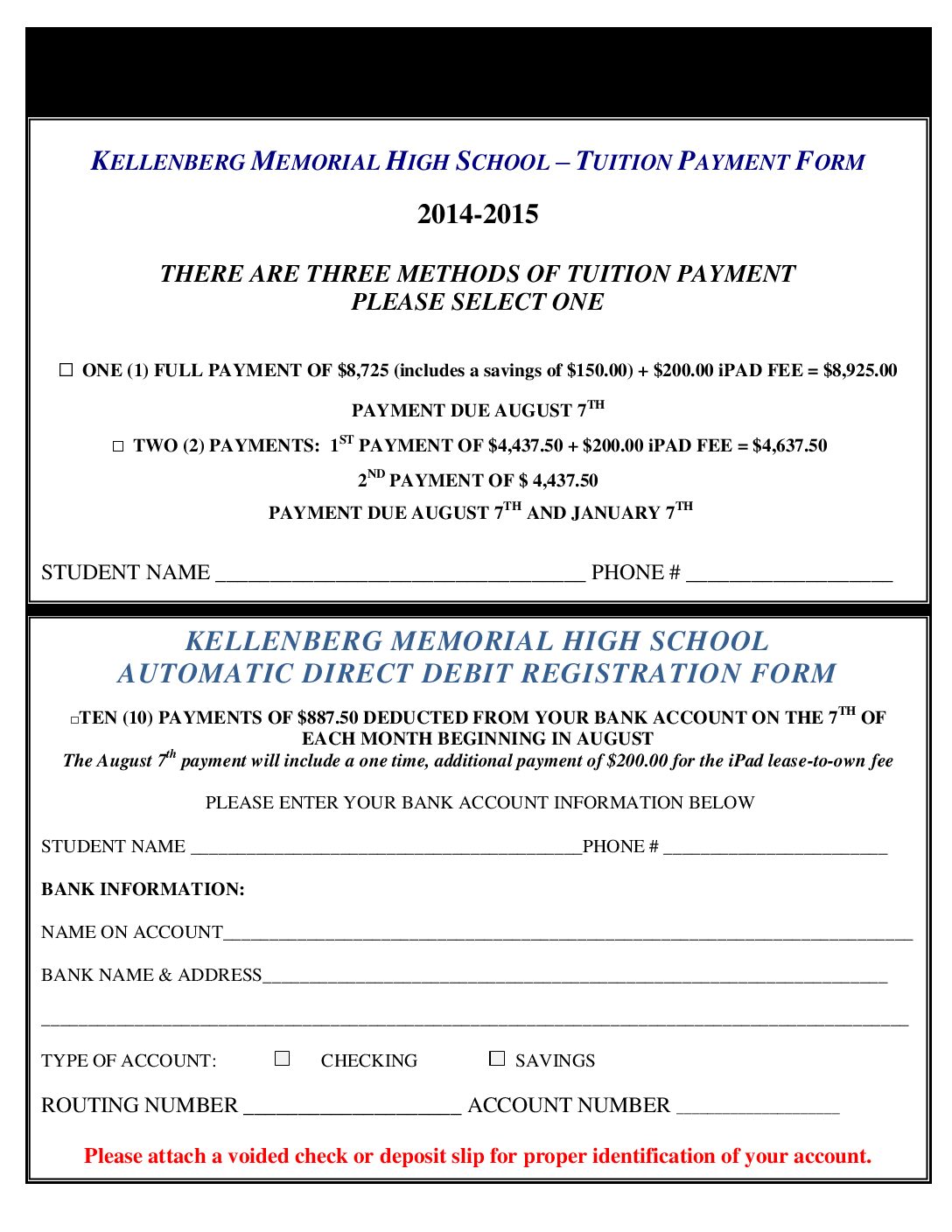 Tuition Payment Form Class of 2018 Freshman Kellenberg Memorial High School
