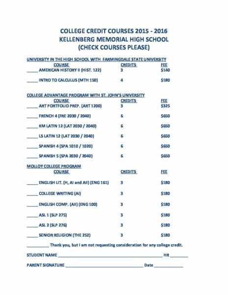 college course sign up sheet – Kellenberg Memorial High School