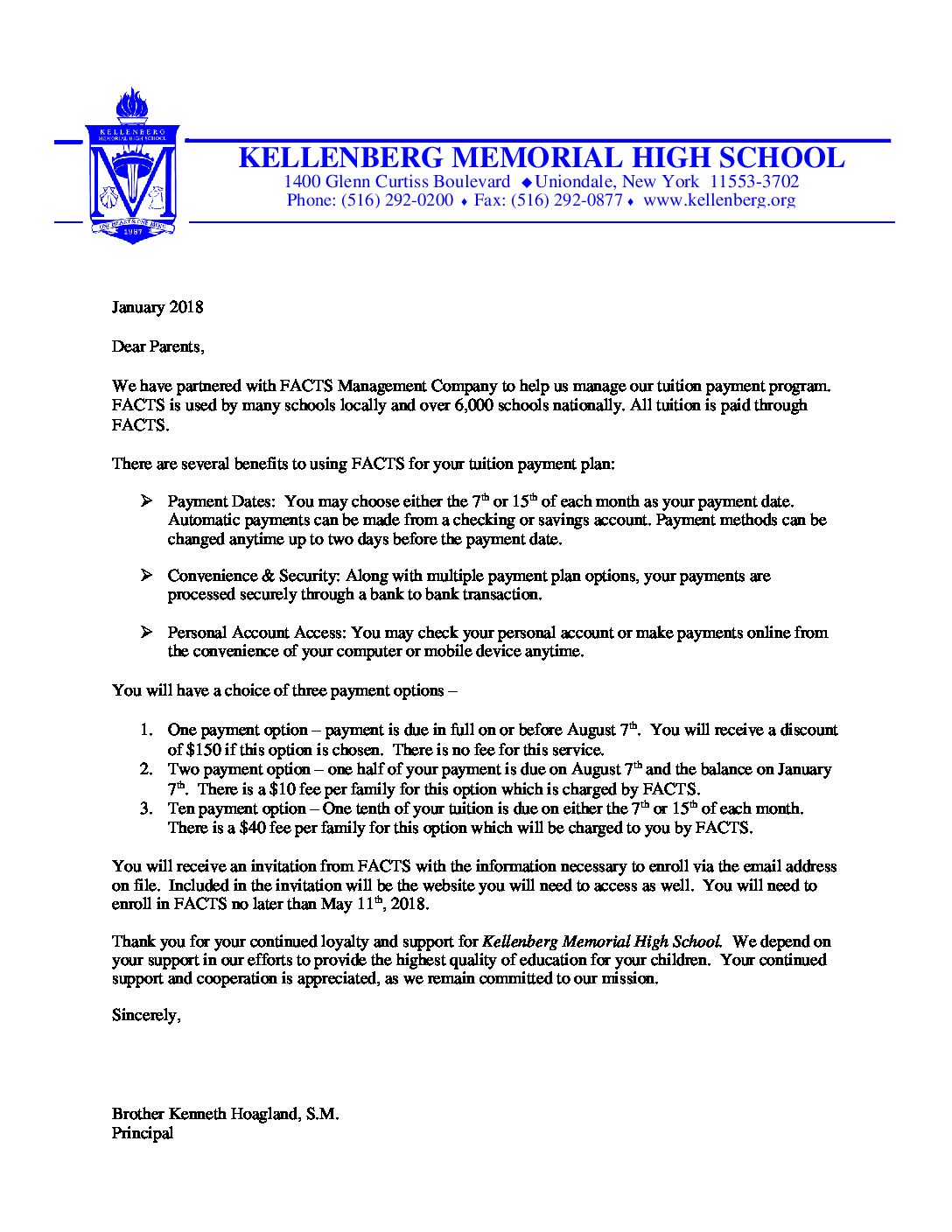 FACTS Tuition Payment letter 20182019 REVISED 2118 Kellenberg Memorial High School