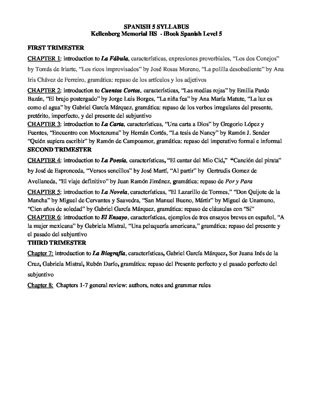 SPANISH 5 SYLLABUS Kellenberg Memorial High School