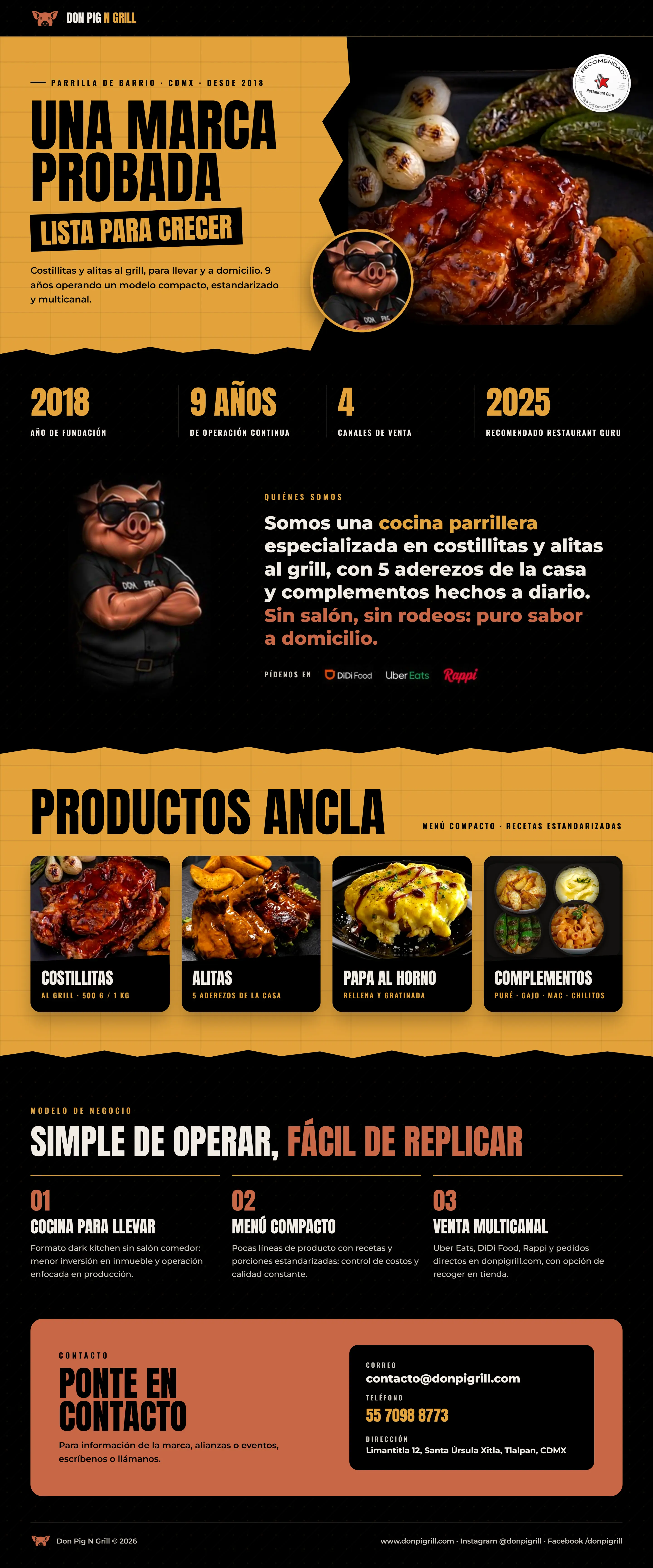 Don Pig N Grill: una marca probada lista para crecer. Parrilla de barrio en Tlalpan, CDMX, desde 2018. Costillitas al grill, alitas, papa al horno y complementos.