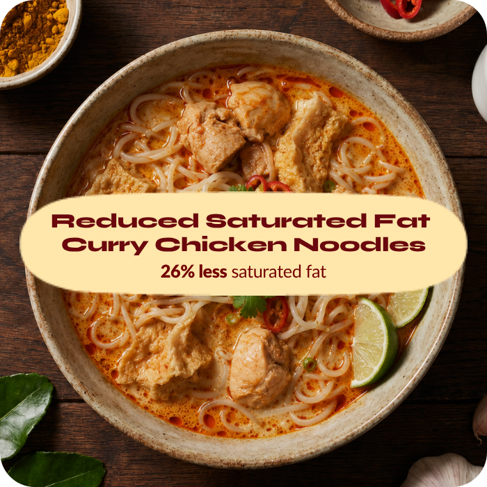 Curry chicken noodles formulated with 26% less saturated fat by Biospringer
