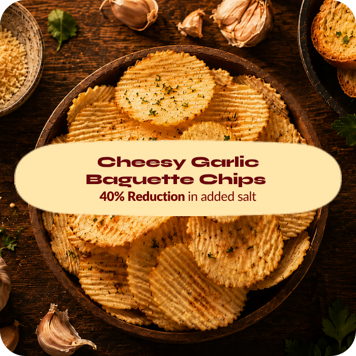 Cheesy garlic baguette chips formulated with a 40% reduction in added salt by Biospringer