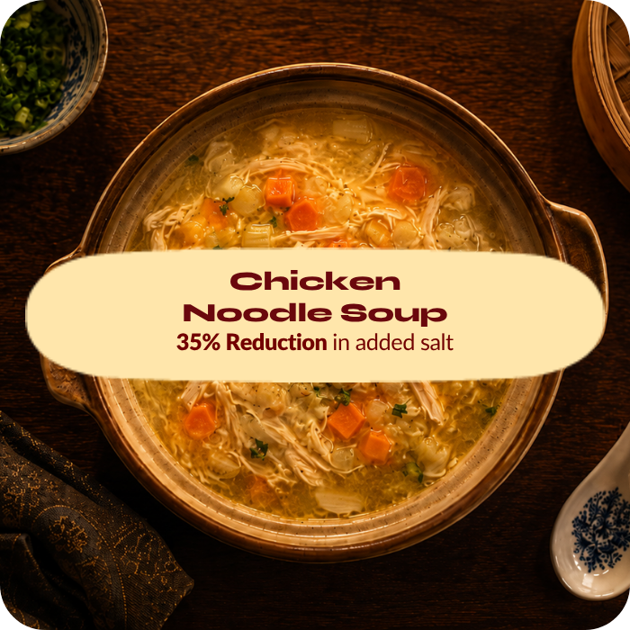 Chicken noodle soup formulated with a 35% reduction in added salt by Biospringer