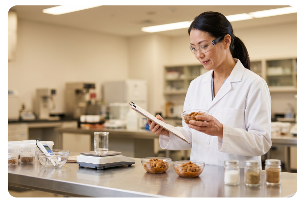 Biospringer food scientist evaluating food samples and recording formulation results in an application laboratory