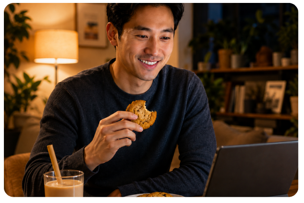 Consumer enjoying a cookie and bubble tea while using a laptop, representing better-for-you food and beverage applications by Biospringer