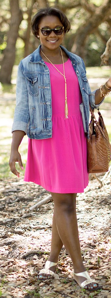 pink dress with denim jacket