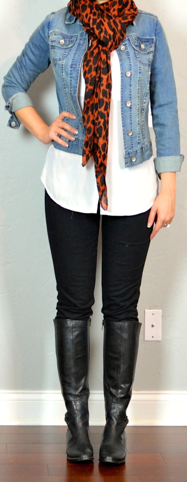 outfit post: white blouse, black skinny jeans, jean jacket, leopard scarf