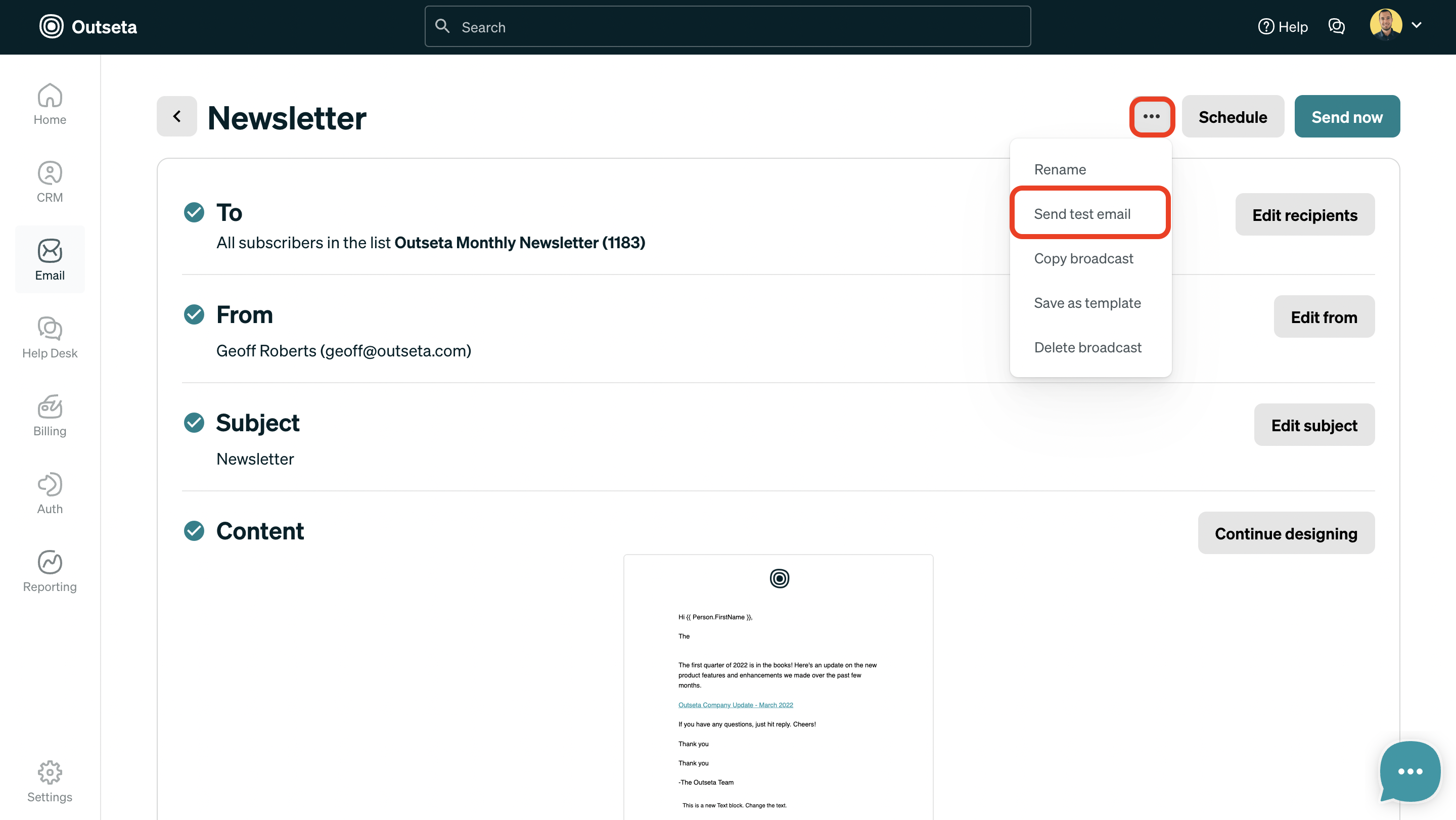 Send a test email | Outseta Knowledge Base