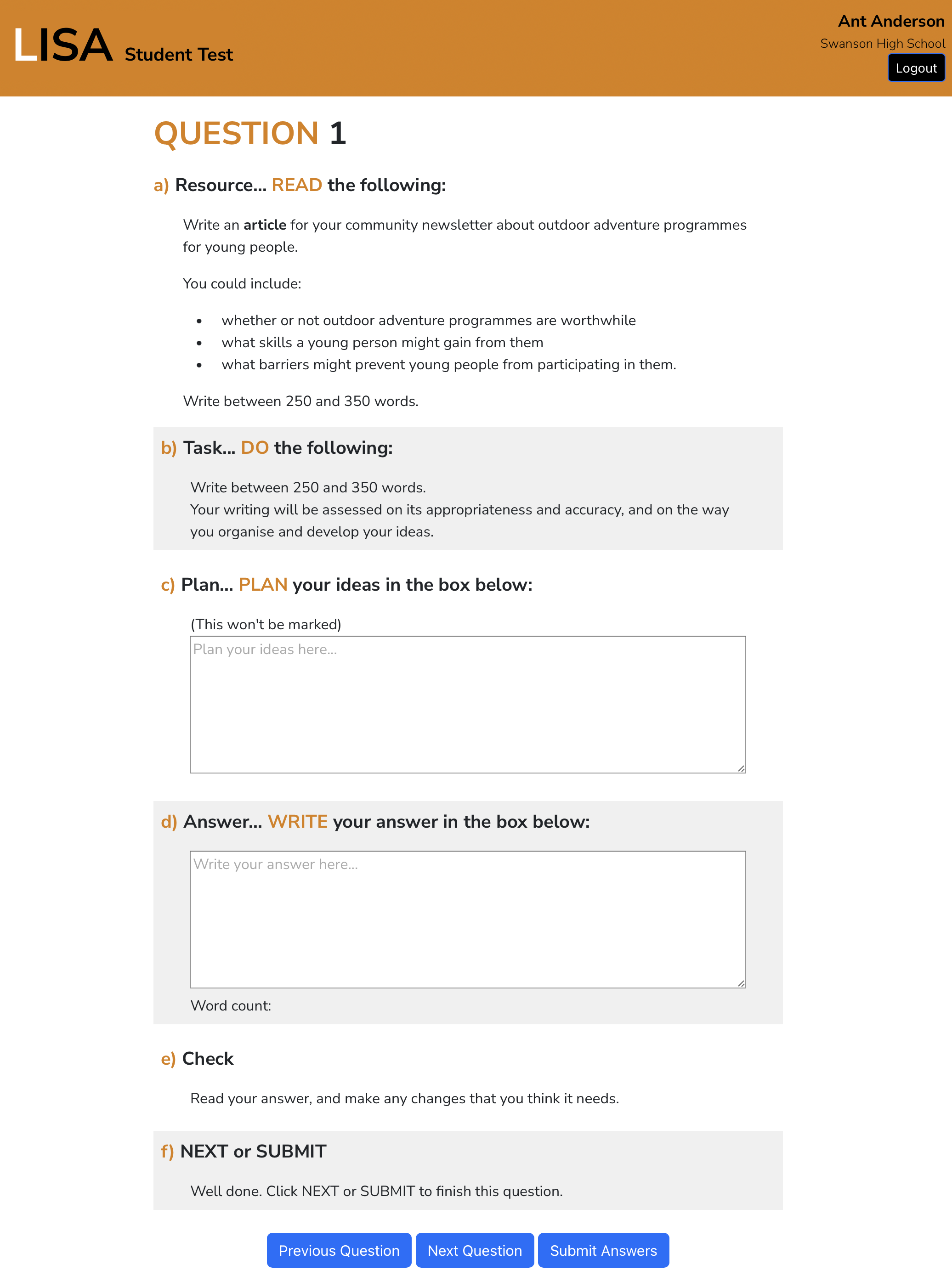 LISA test student answer page