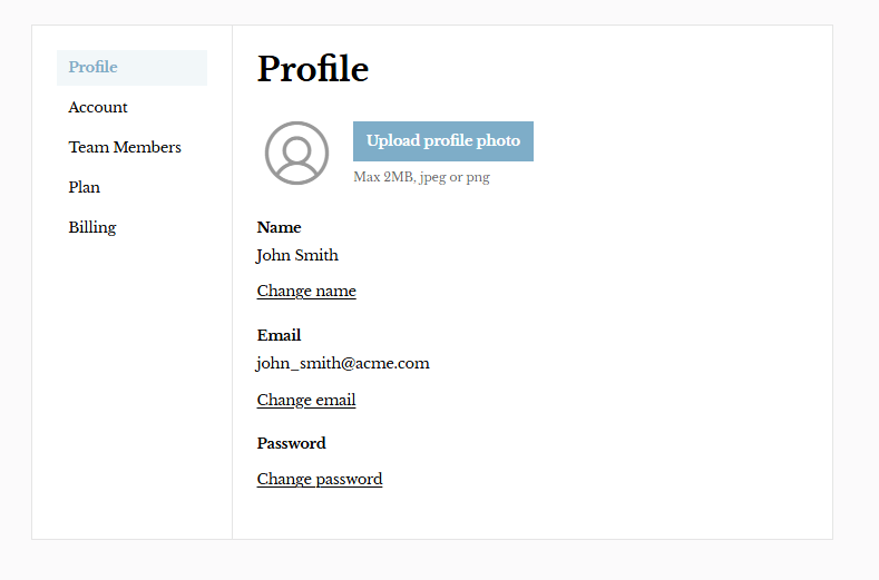 Screenshot of profile page