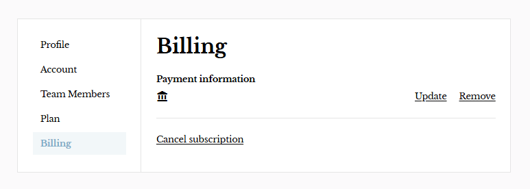 Screenshot of Billing tab on Profile page.