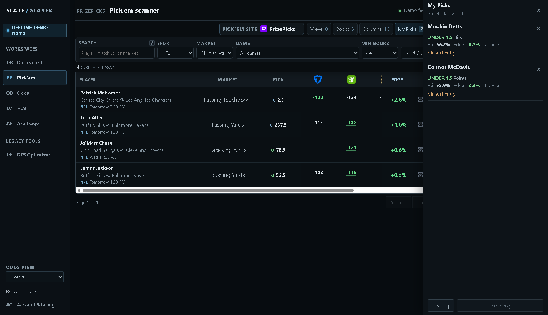 My Picks showing the Manual entry notice for a leg without a projection identifier.