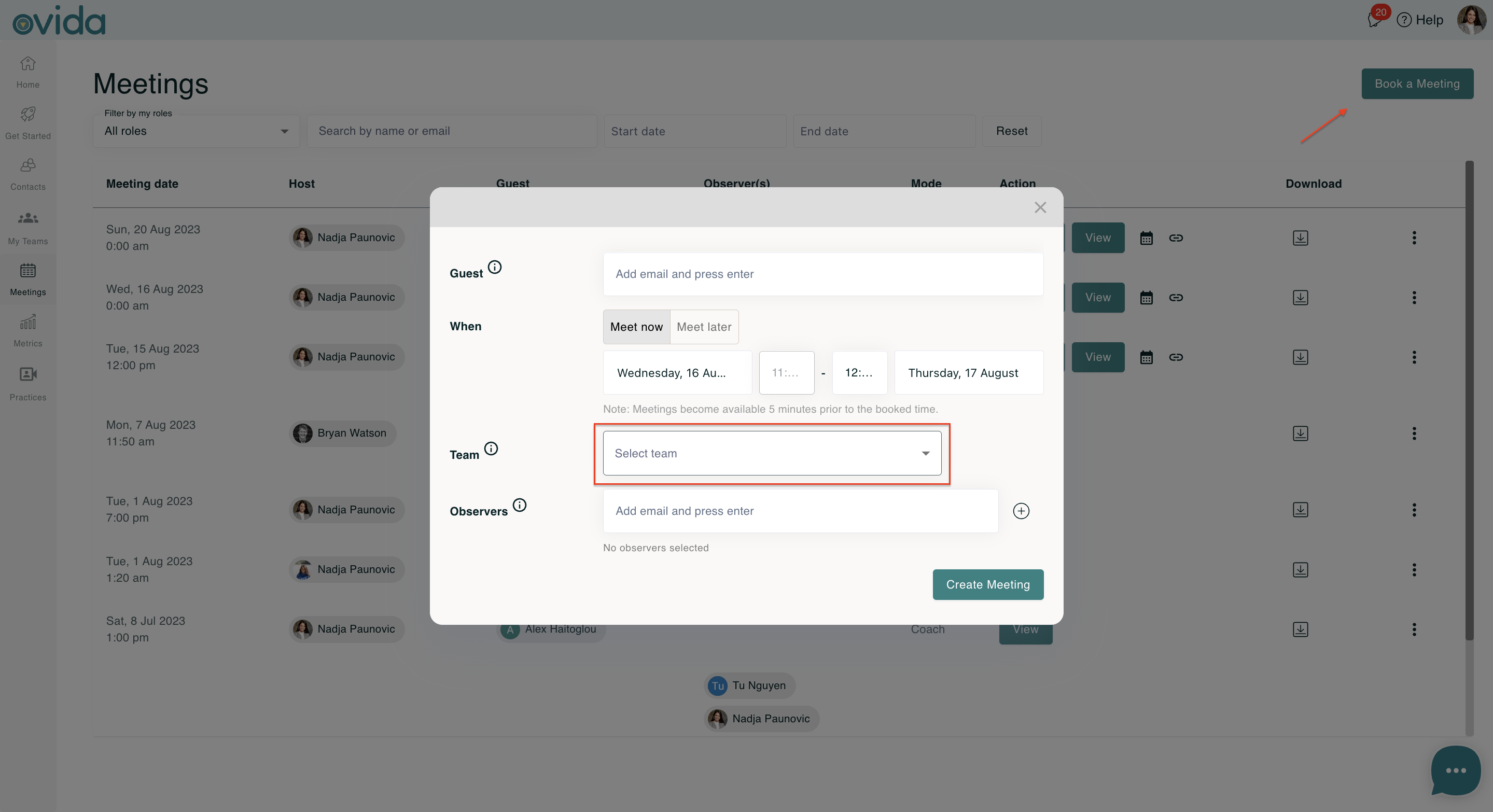 How to add a meeting to a team | Ovida Knowledge Base