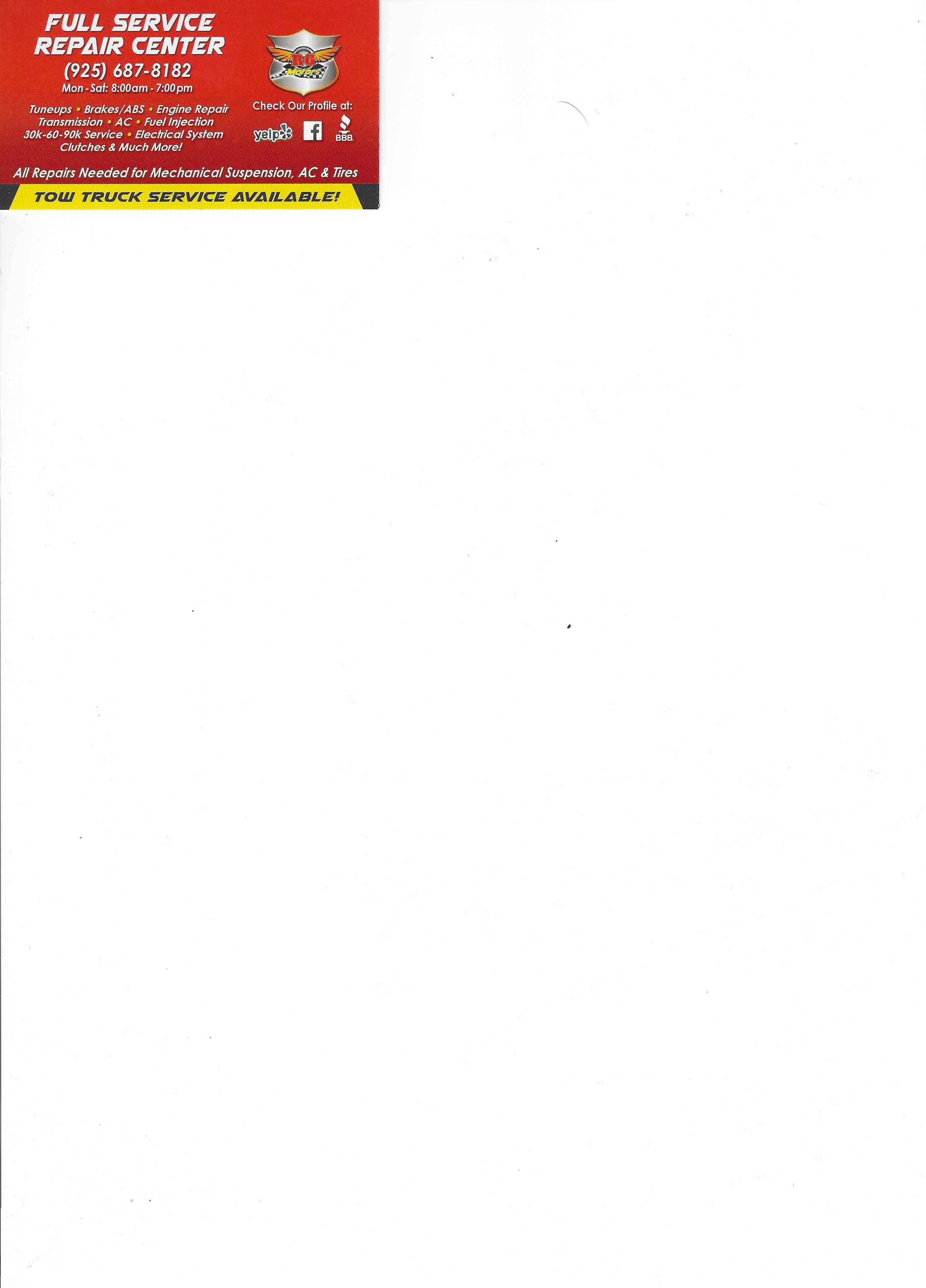 RG Motors Auto Repairs Service Center - Concord, CA