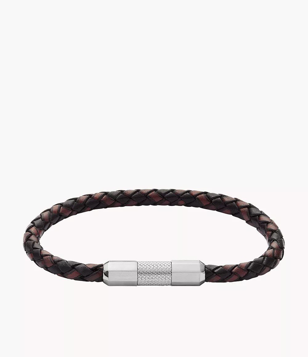 Machine Knurled Texture Leather and Stainless Steel Station Bracelet