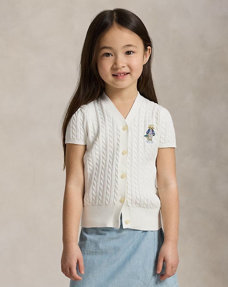 Polo Bear Cable Cotton V-Neck Cardigan