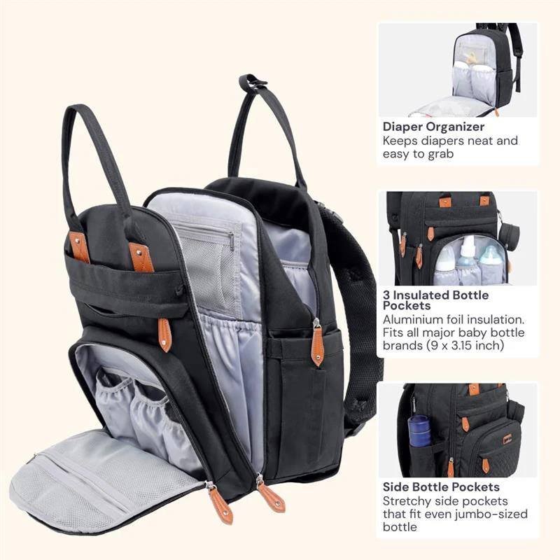 BABBLEROO - TRAVEL ESSENTIALS BABY BAG WITH CHANGING PAD, BLACK