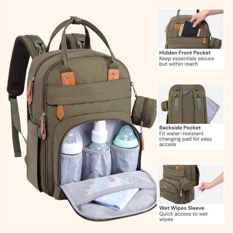 BABBLEROO - DIAPER BAG BACKPACK TRAVEL ESSENTIALS BABY BAG WITH CHANGING PAD, ARMY GREEN