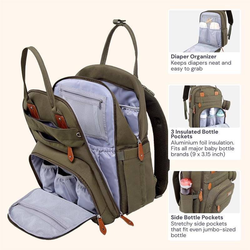 BABBLEROO - DIAPER BAG BACKPACK TRAVEL ESSENTIALS BABY BAG WITH CHANGING PAD, ARMY GREEN