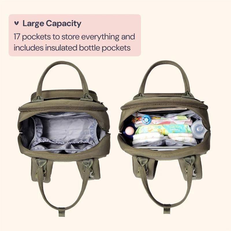BABBLEROO - DIAPER BAG BACKPACK TRAVEL ESSENTIALS BABY BAG WITH CHANGING PAD, ARMY GREEN